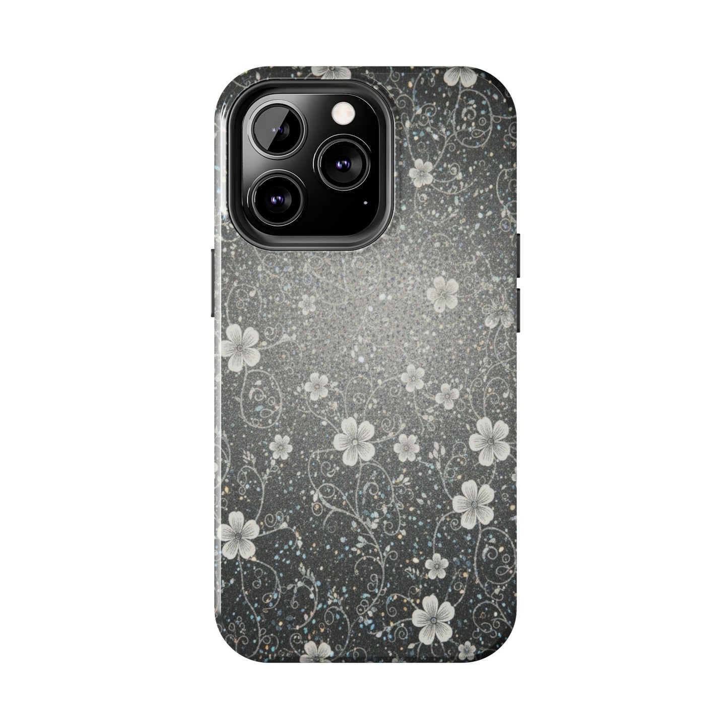 Floral Sparkle Tough Phone Case — Black & Silver Vintage Blossom