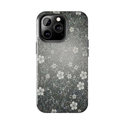 Floral Sparkle Tough Phone Case — Black & Silver Vintage Blossom