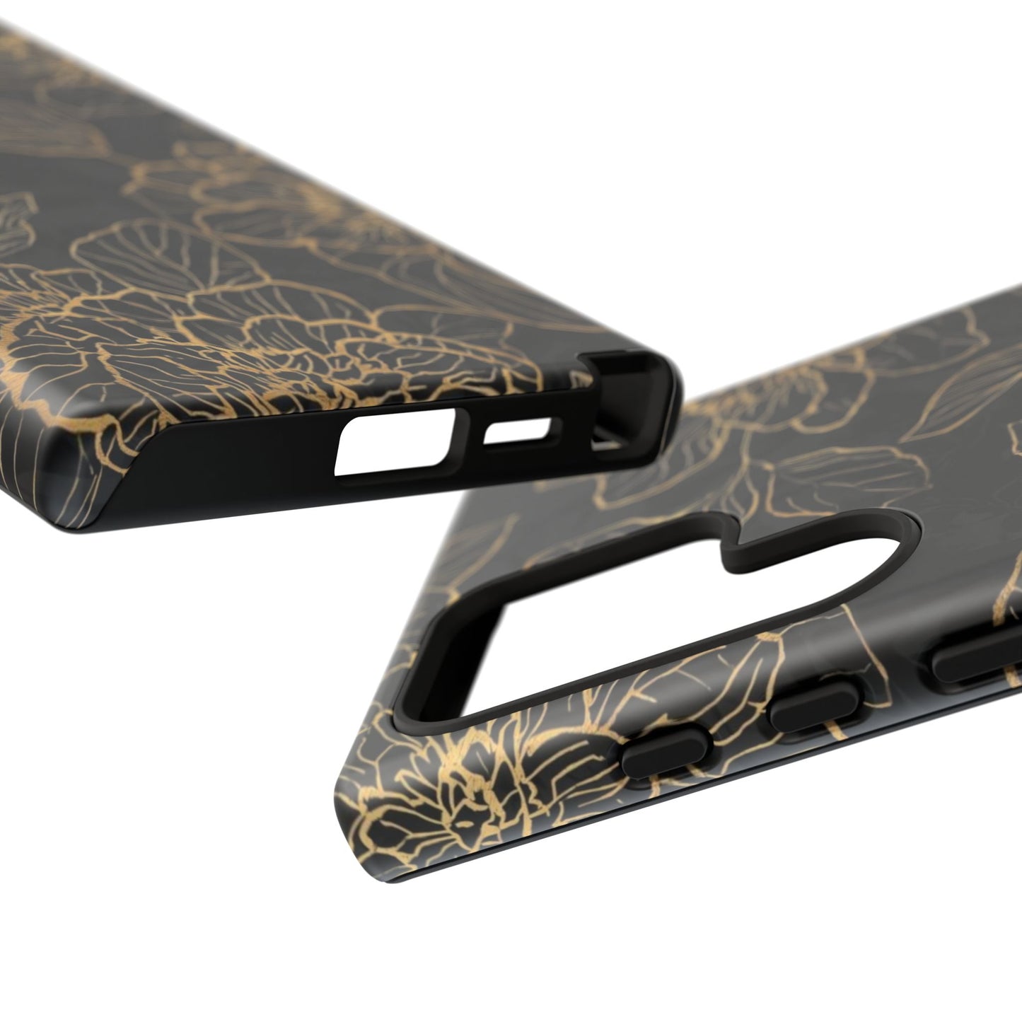 Floral Gold Outline Tough Phone Case – Black Botanical Protective Cover