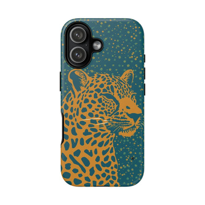 Leopard Print Tough Phone Case — Gold Panther on Teal, Protective iPhone Cover