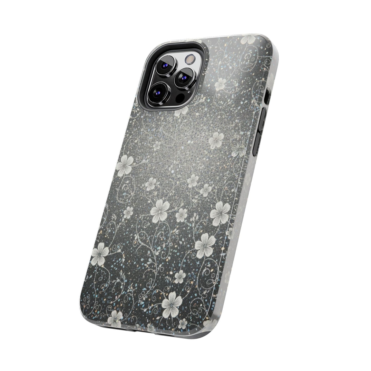 Floral Sparkle Tough Phone Case — Black & Silver Vintage Blossom