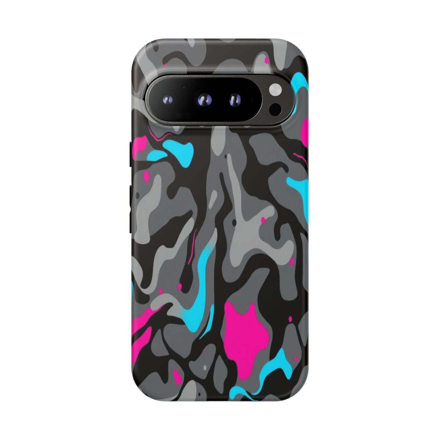 Camouflage Phone Case — Gray Camo with Neon Pink & Cyan Accent Tough Protective Cover