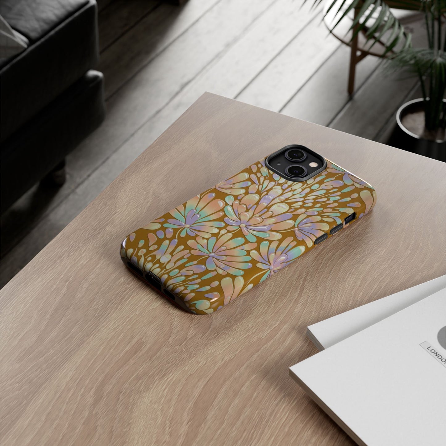 Floral Burst Tough Phone Case – Gold Pastel Botanical Protection