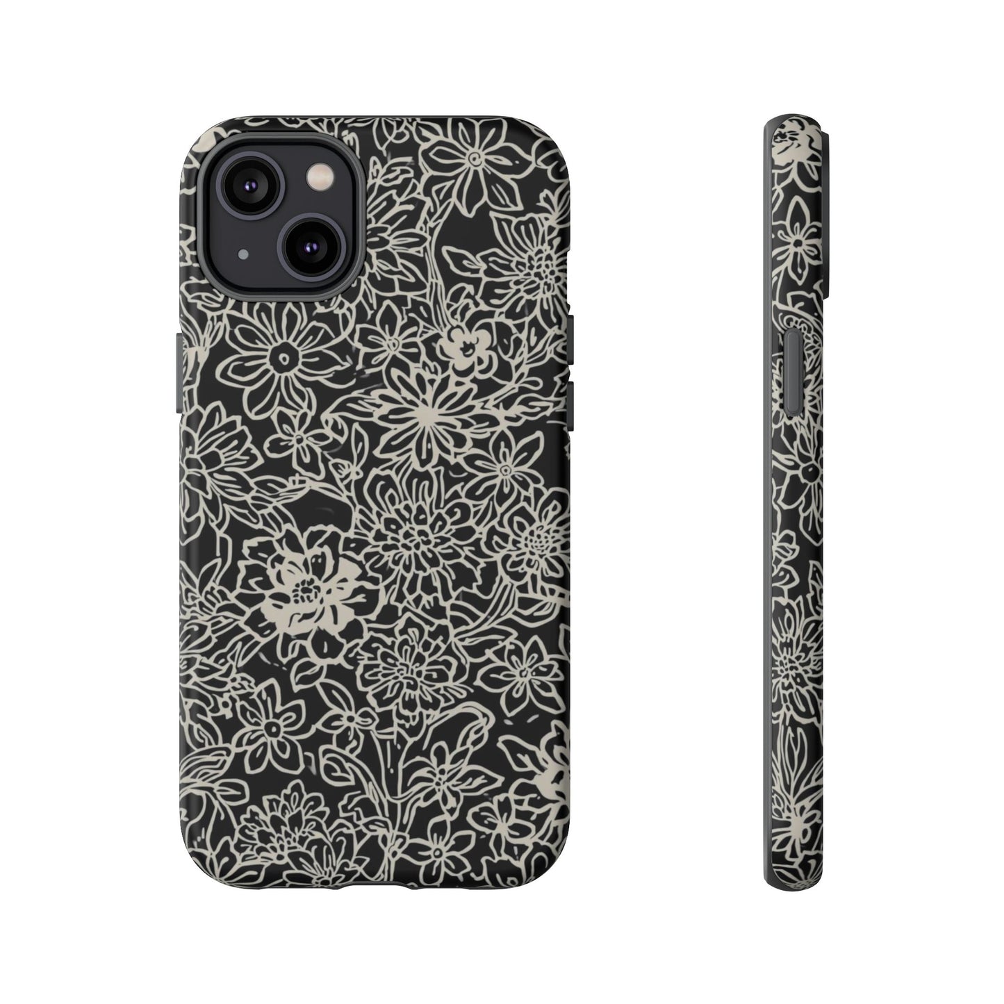 Floral Doodle Tough Phone Case — Black & White Sketch Flower Protective Cover