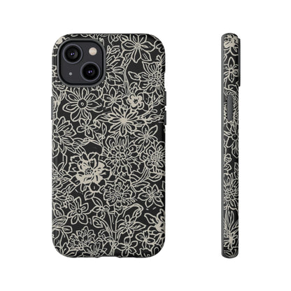 Floral Doodle Tough Phone Case — Black & White Sketch Flower Protective Cover