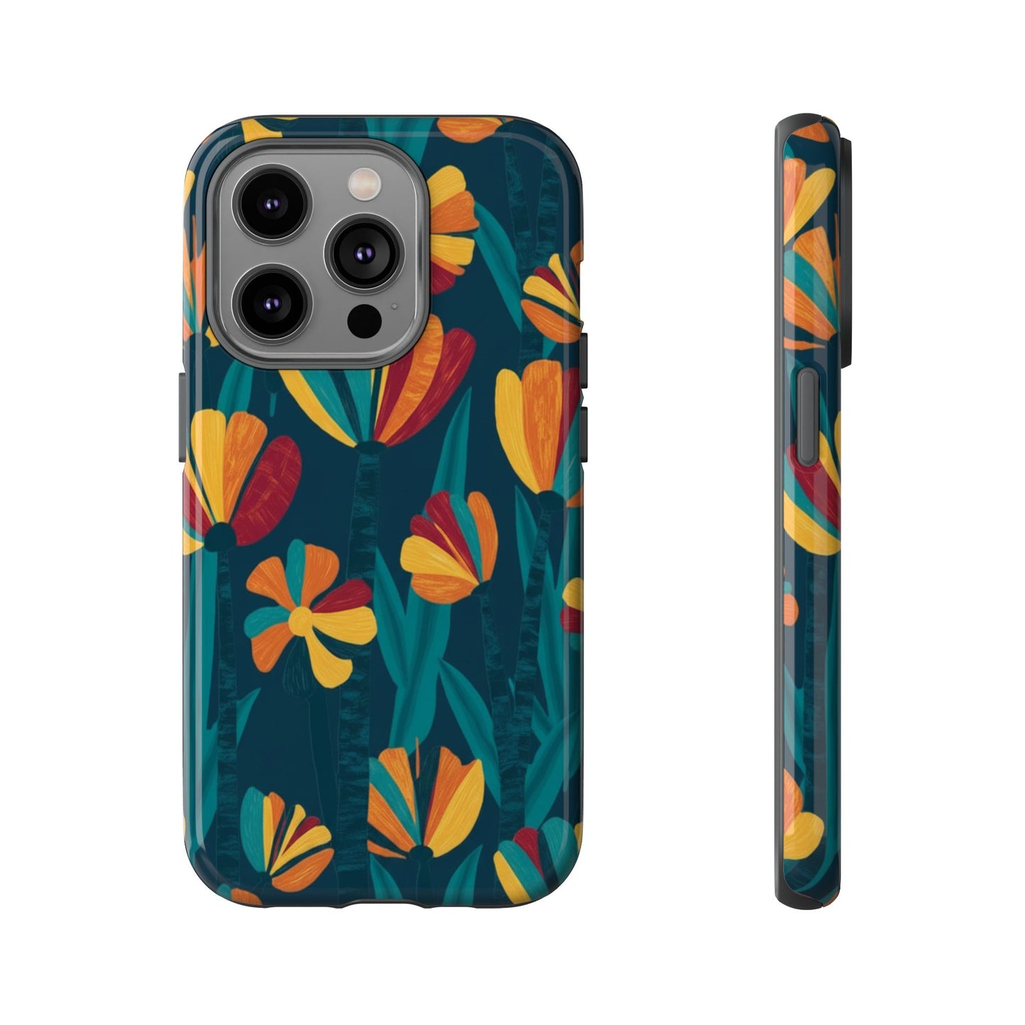Floral Retro Teal Tough Phone Case — Vibrant Orange & Mustard Blooms
