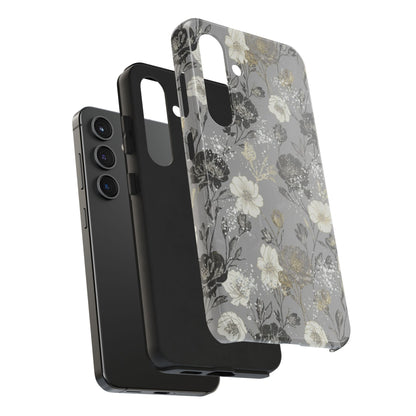 Floral Gray Tough Phone Case — Elegant Protective Phone Cover with Gold Accent
