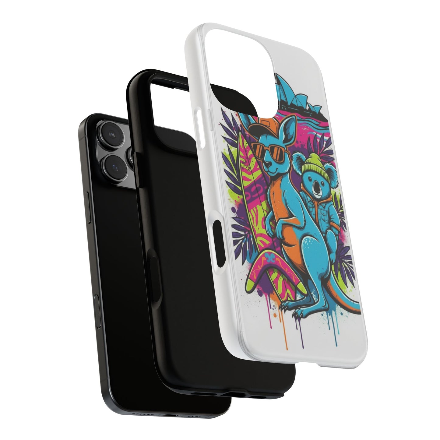 Kangaroo & Koala Surf Phone Case — Retro Neon Beach Art Tough Case