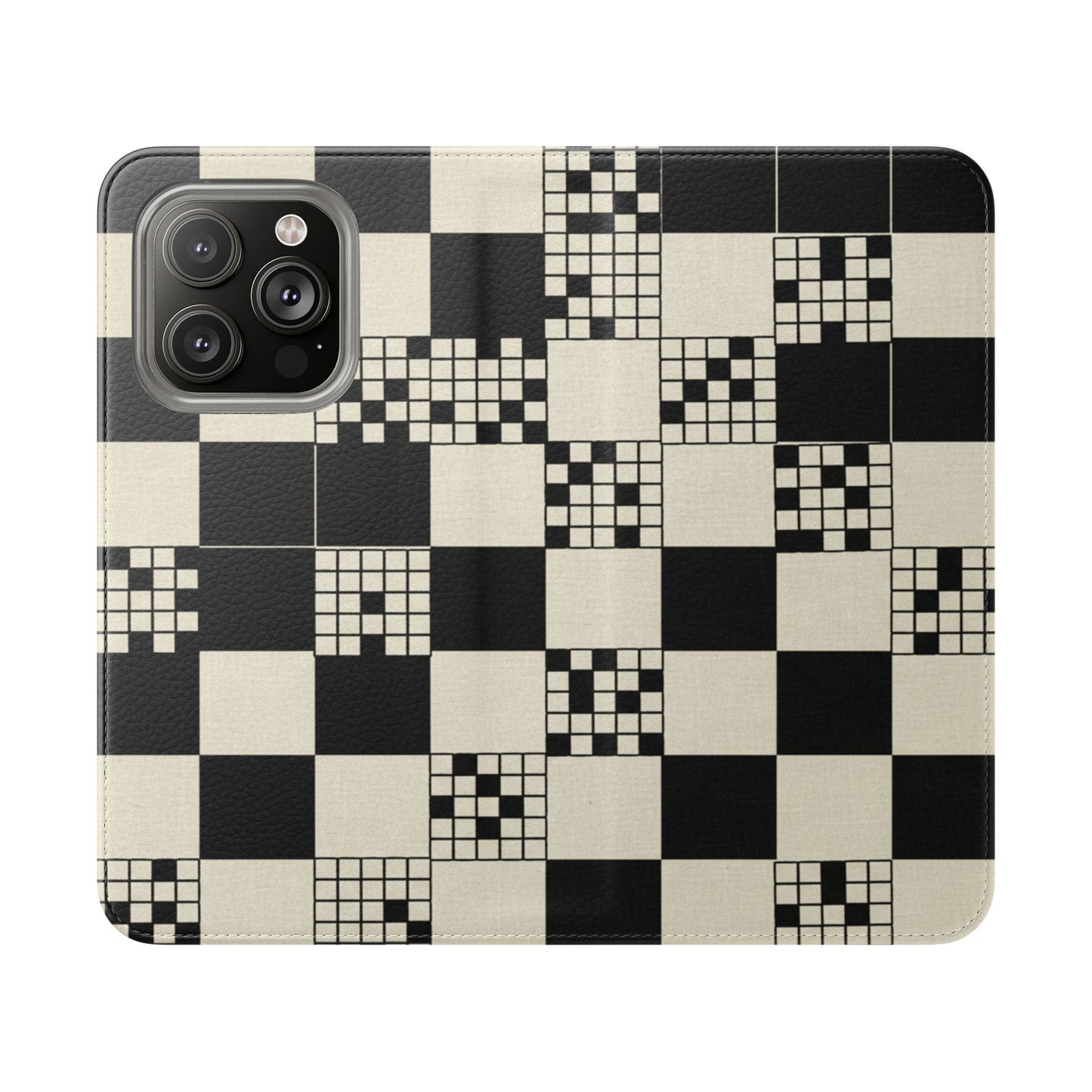 Checkerboard Flip Phone Case – Retro Black & Cream Geometric Wallet Case