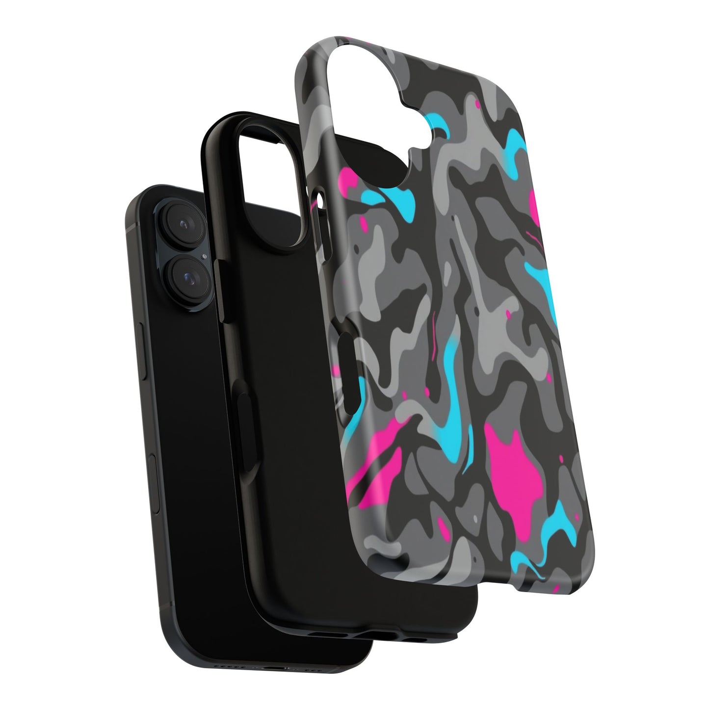 Camouflage Phone Case — Gray Camo with Neon Pink & Cyan Accent Tough Protective Cover