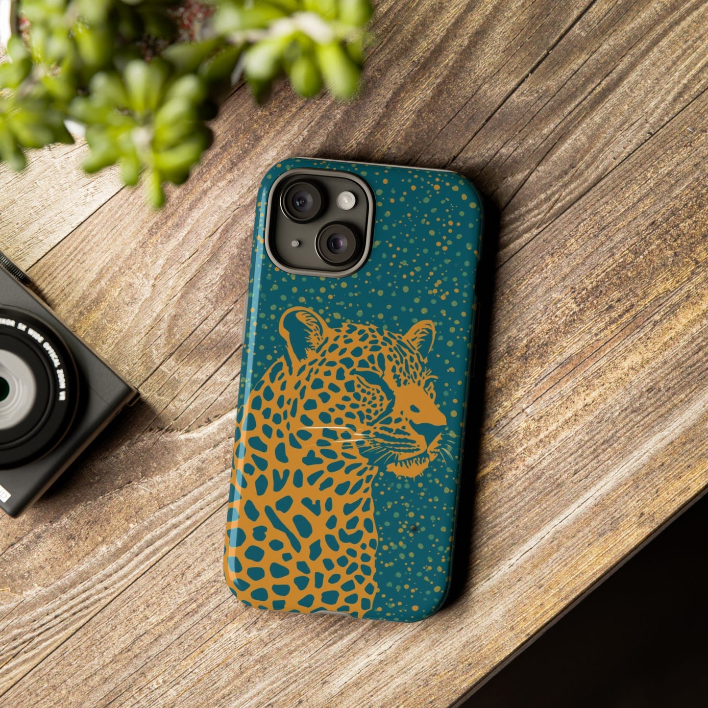 Leopard Spotlight Phone Case — Teal Gold Animal Print Protective Cover