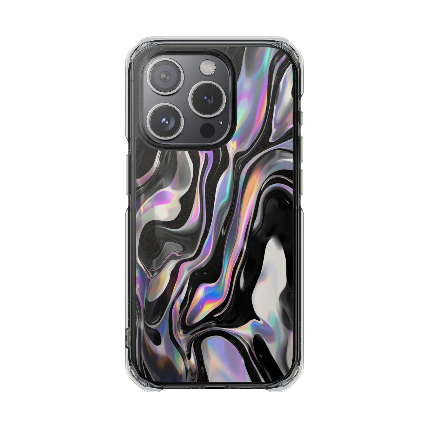 Magnetic Clear Impact Phone Case — Iridescent Black Marble Design