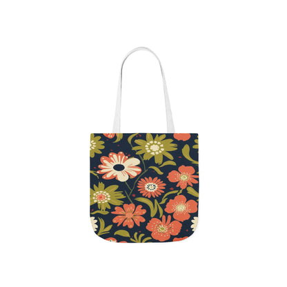 Floral Canvas Tote Bag — Retro Orange & Olive Flower Pattern