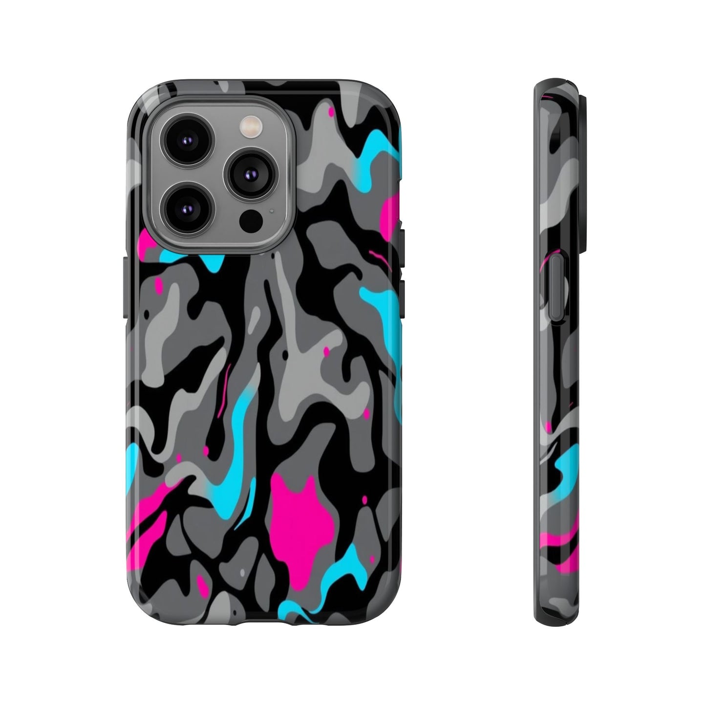 Camouflage Phone Case — Gray Camo with Neon Pink & Cyan Accent Tough Protective Cover