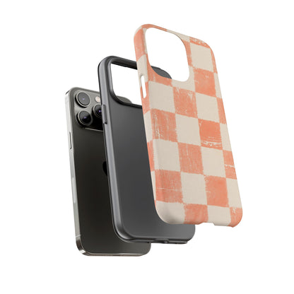 Peach Checkerboard Tough Phone Case — Retro Distressed Grid Design