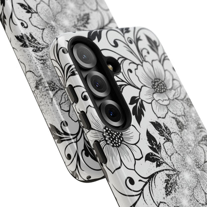 Floral Lace Phone Case — Black & White Vintage Flower Protective Case