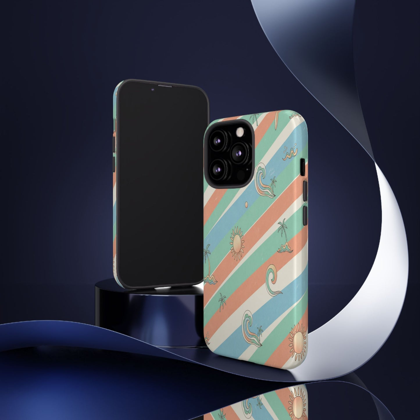 Retro Beach Stripes Phone Case — Sun, Waves & Palm Pattern Tough Case