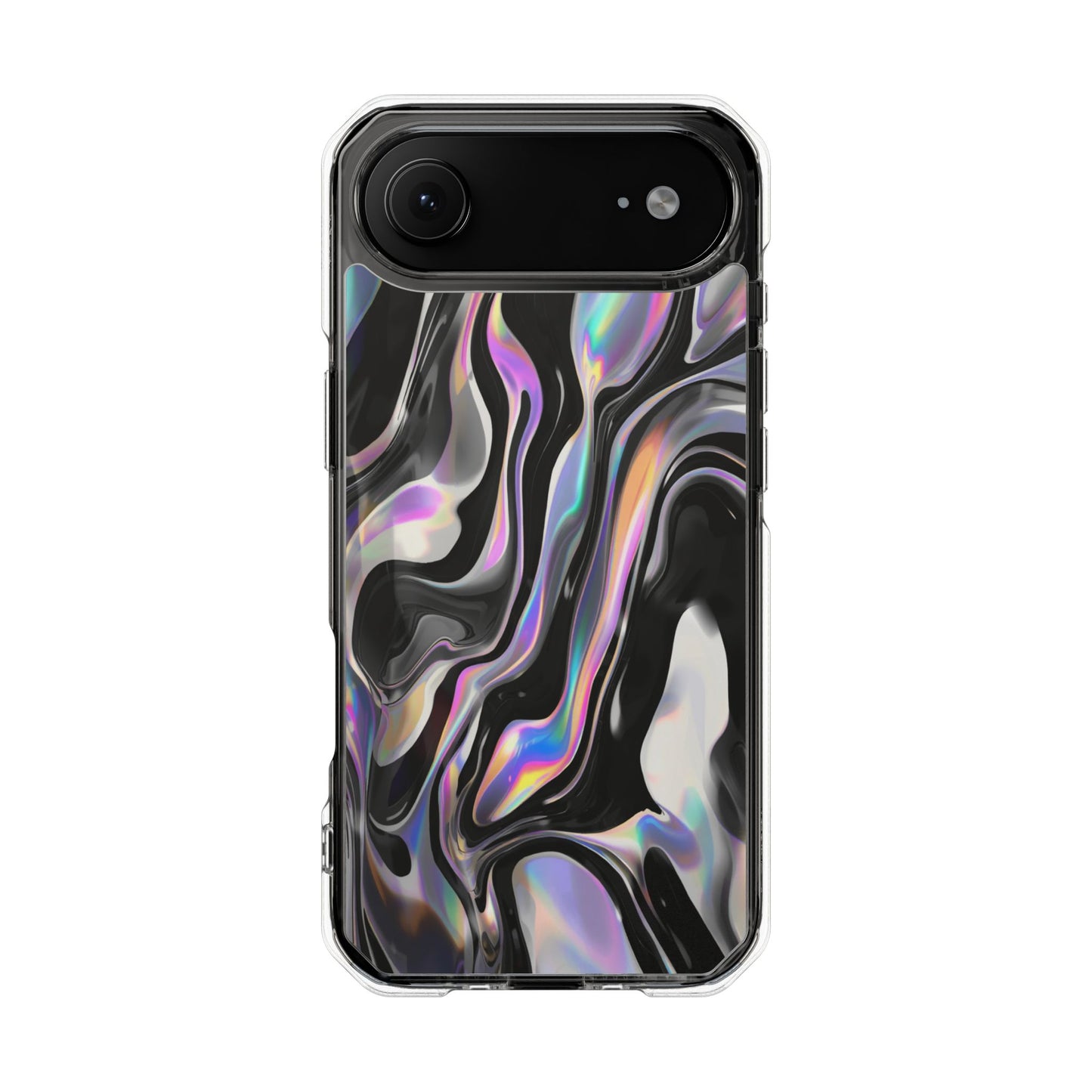 Magnetic Clear Impact Phone Case — Iridescent Black Marble Design