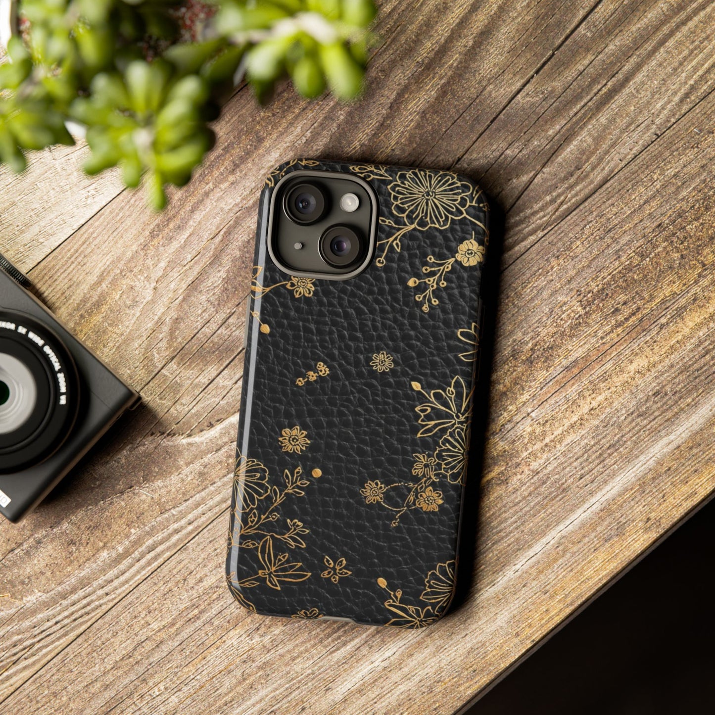 Floral Gold Foil Leather Texture Tough Phone Case