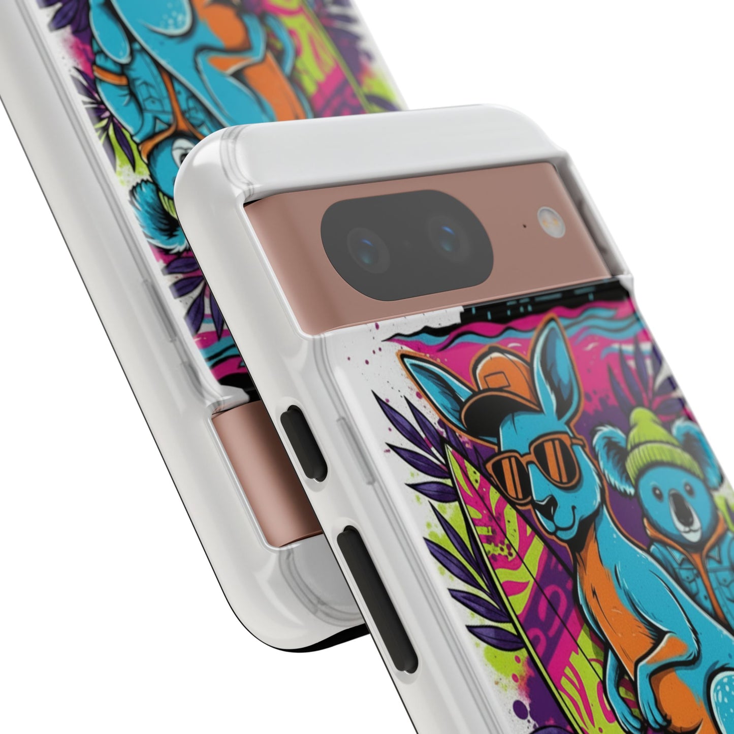 Kangaroo & Koala Surf Phone Case — Retro Neon Beach Art Tough Case