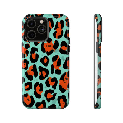 Leopard Print Tough Phone Case — Teal & Rust Protective iPhone Cover