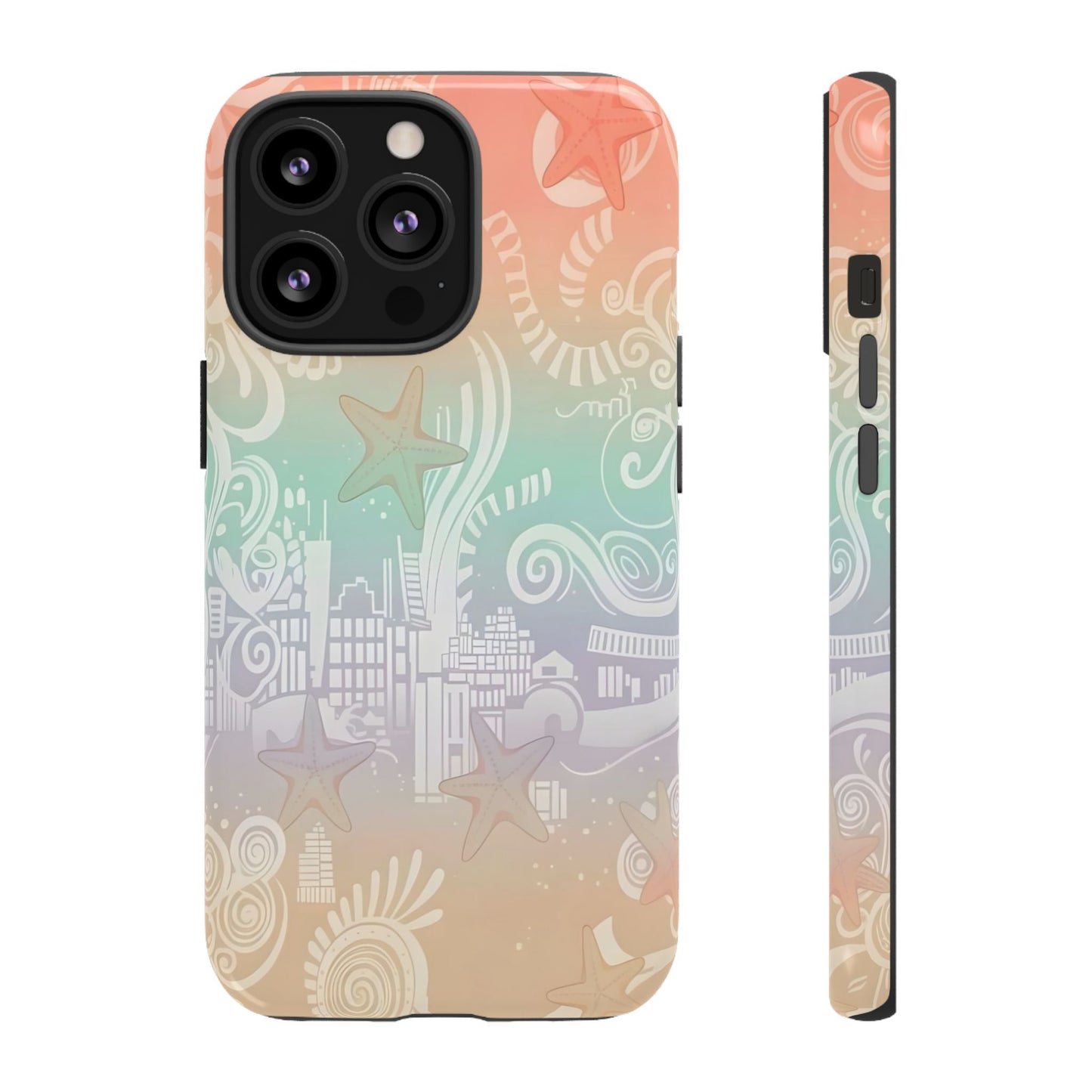 Tough Cases: Pastel Beach Pattern Phone Case — Starfish & Coastal Cityscape Protective Cover