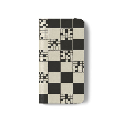 Checkerboard Flip Phone Case – Retro Black & Cream Geometric Wallet Case