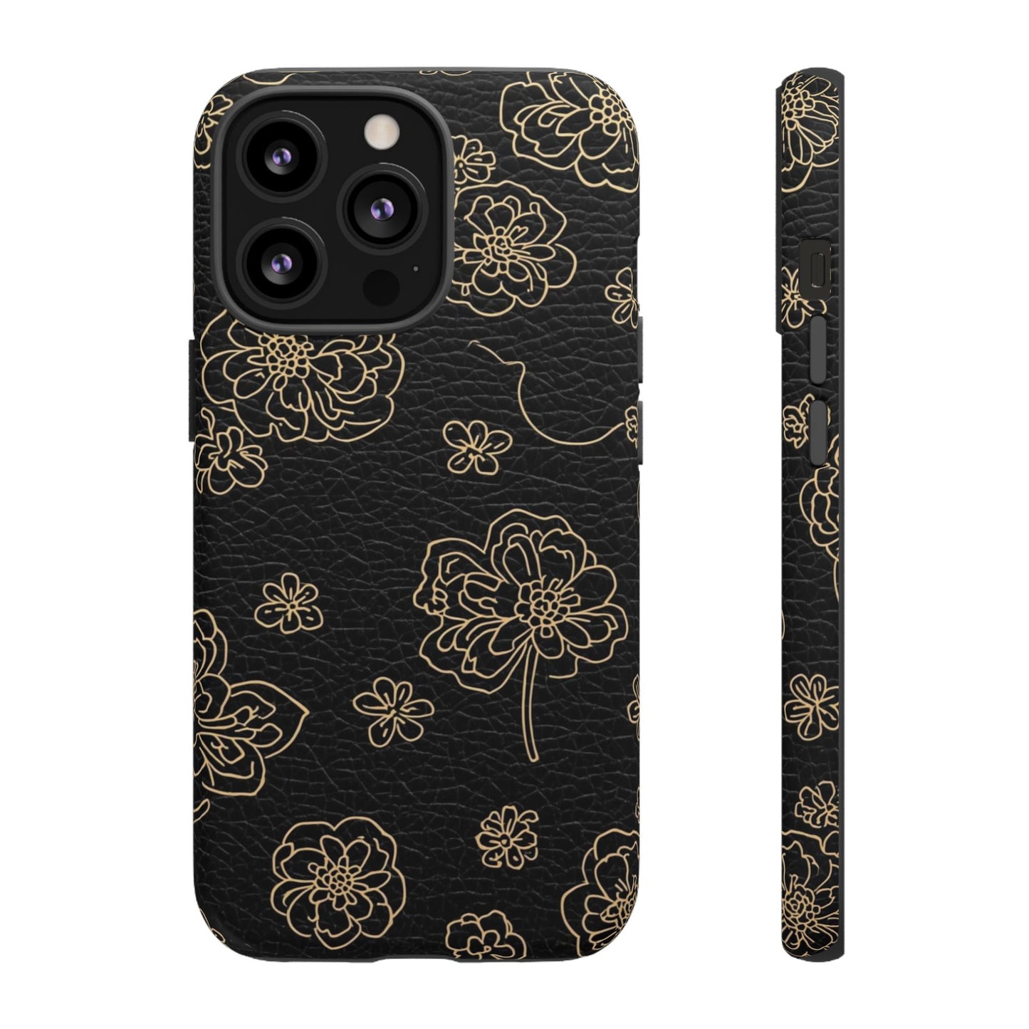 Floral Leather-Texture Tough Case – Black Gold Outline Phone Cover