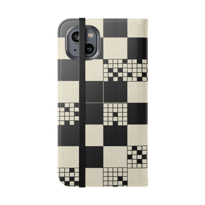 Checkerboard Flip Phone Case – Retro Black & Cream Geometric Wallet Case