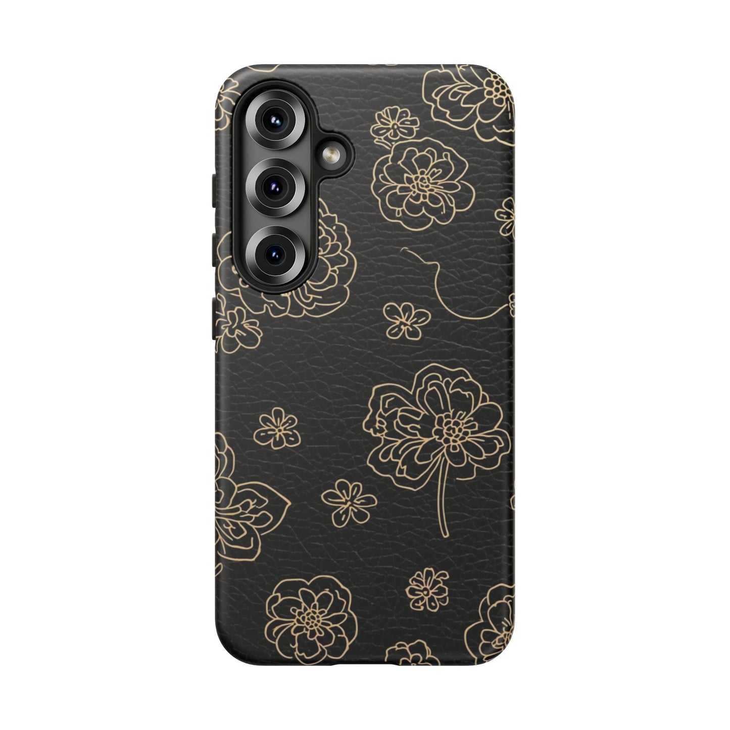 Floral Leather-Texture Tough Case – Black Gold Outline Phone Cover