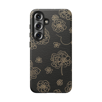 Floral Leather-Texture Tough Case – Black Gold Outline Phone Cover