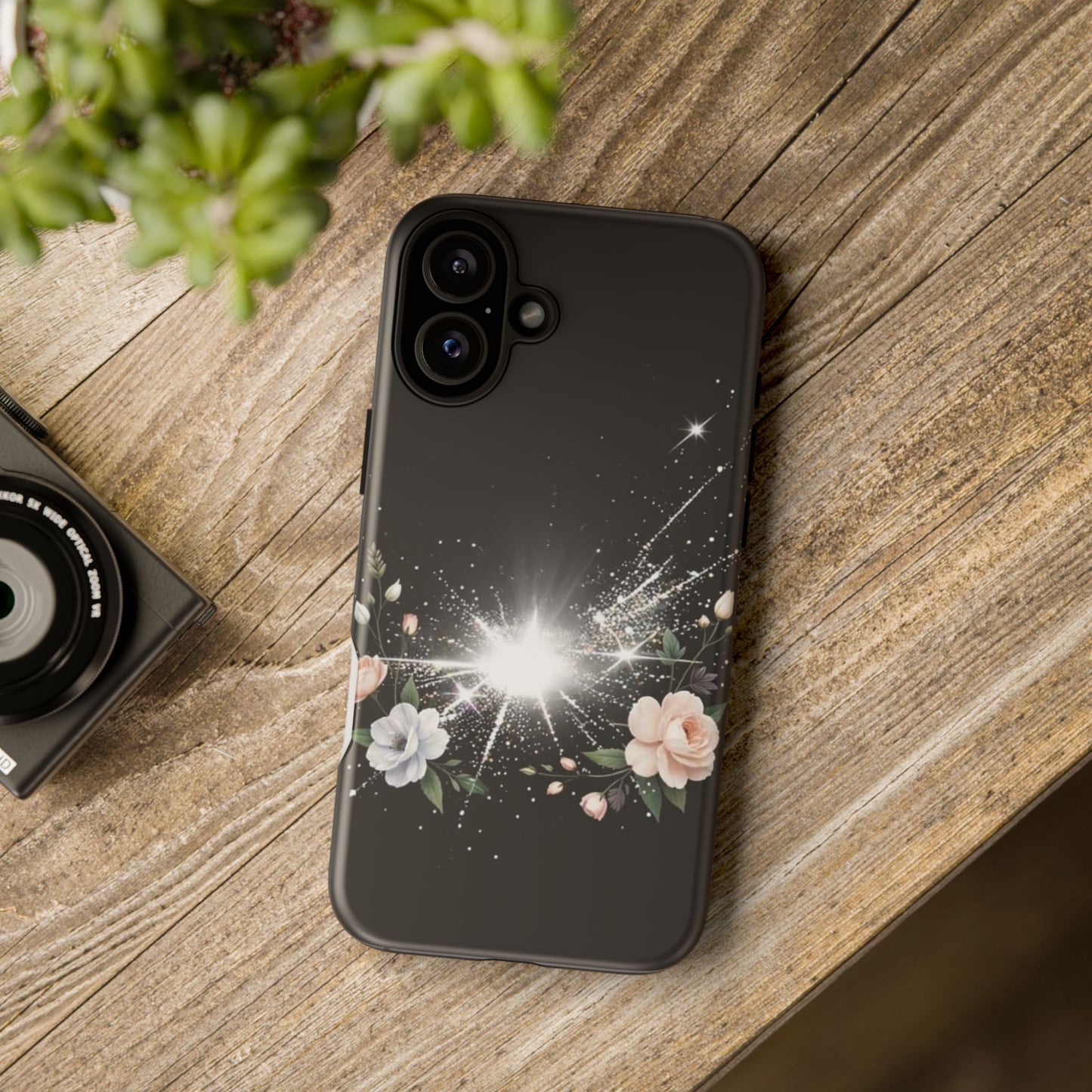 Floral Burst Phone Case — Protective Black Sparkle Design
