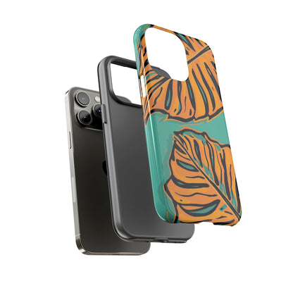 Tropical Leaf Tough Phone Case — Orange Monstera Design on Teal