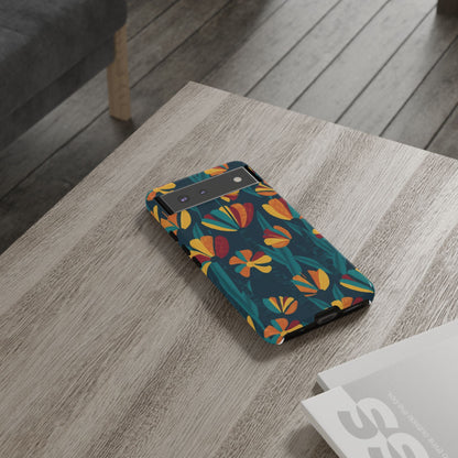 Floral Retro Teal Tough Phone Case — Vibrant Orange & Mustard Blooms