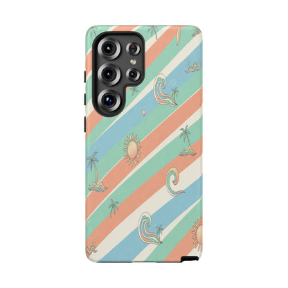 Retro Beach Stripes Phone Case — Sun, Waves & Palm Pattern Tough Case