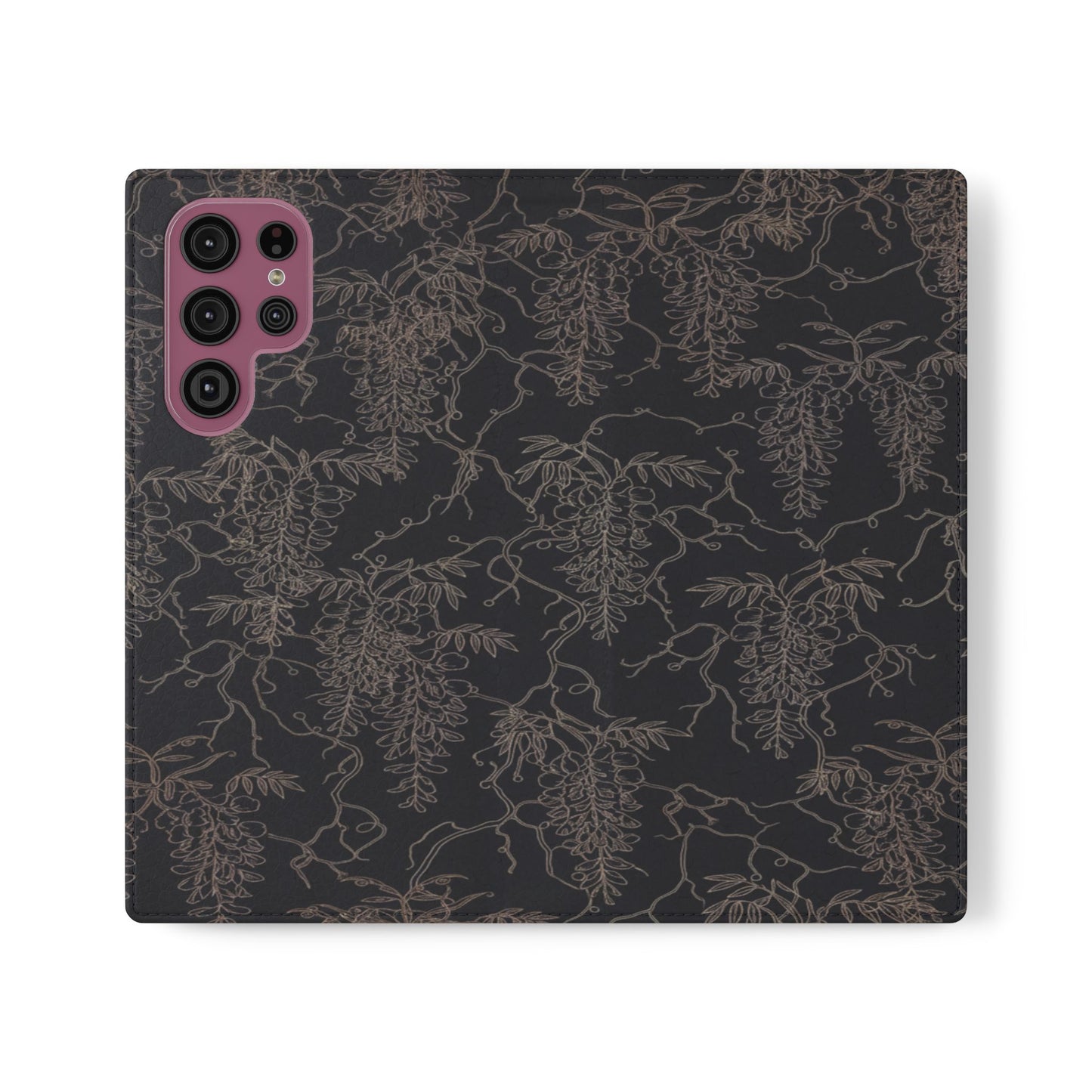 Botanical Noir Flip Phone Case — Dark Floral Wallet Cover with Card Slots