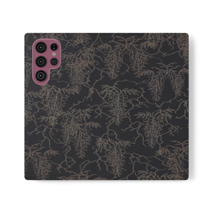 Botanical Noir Flip Phone Case — Dark Floral Wallet Cover with Card Slots