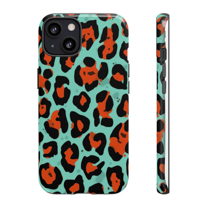 Leopard Print Tough Phone Case — Teal & Rust Protective iPhone Cover