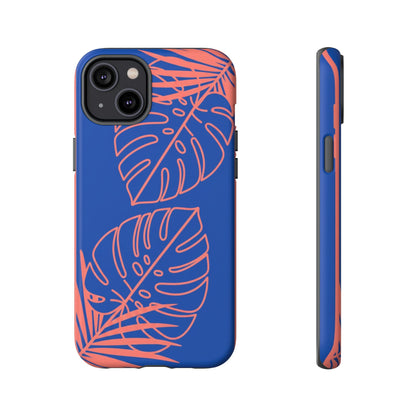 Tropical Monstera Phone Case — Blue & Coral Leaf Protective Cover
