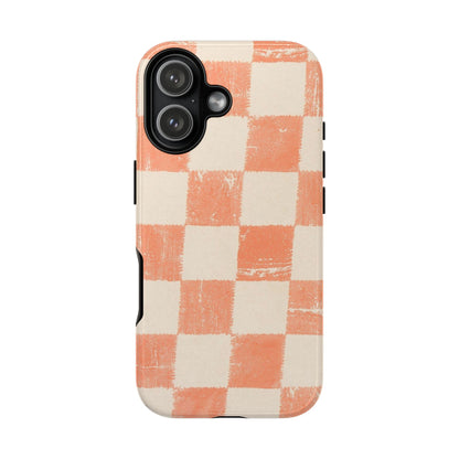 Peach Checkerboard Tough Phone Case — Retro Distressed Grid Design