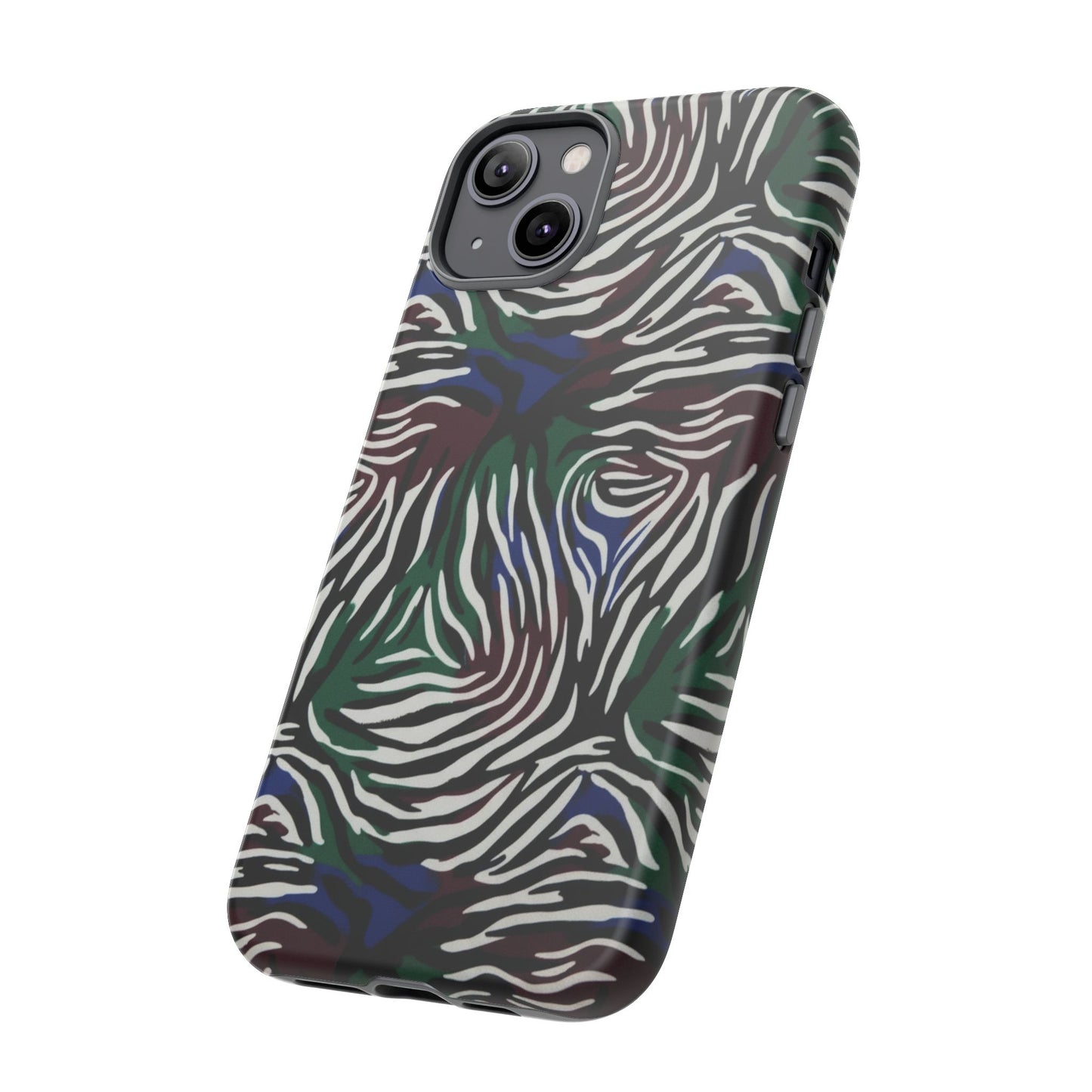 Zebra Camo Tough Phone Case – Green & Blue Animal Print Protective Cover