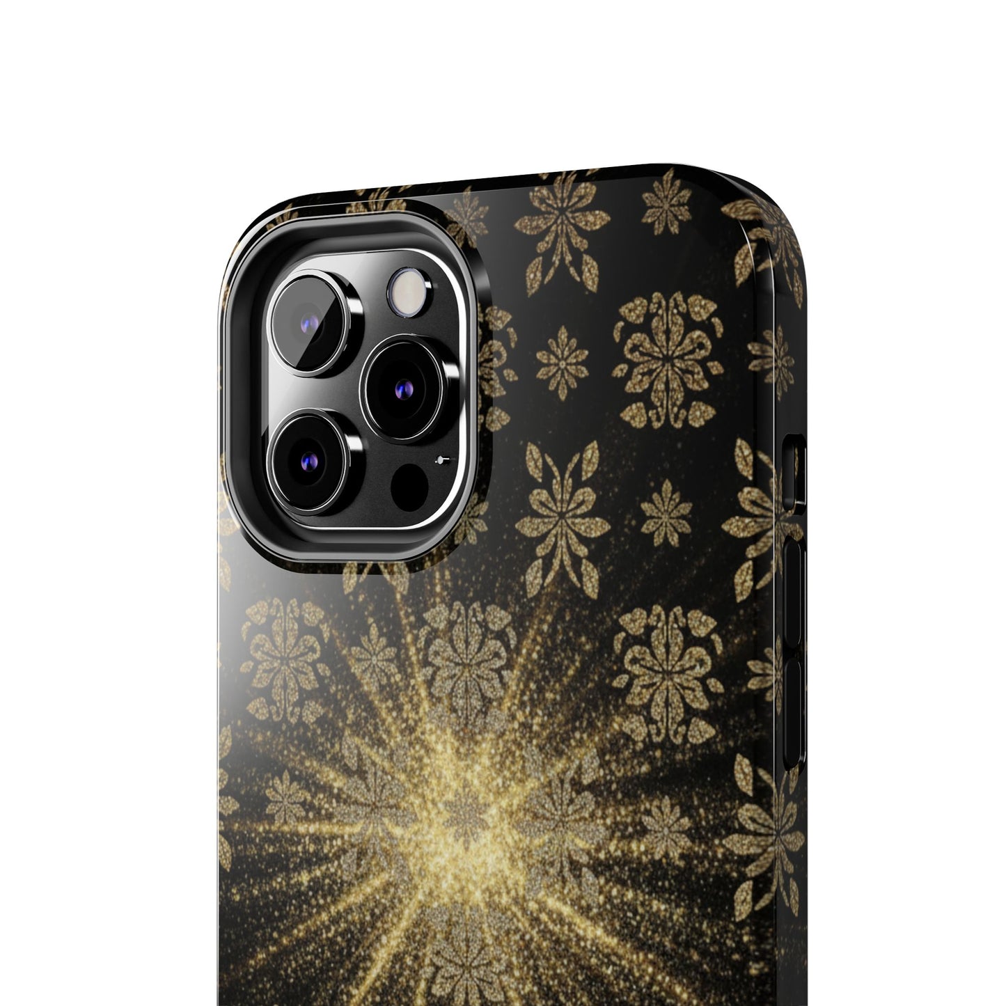 Glitter Burst Tough Phone Case — Black & Gold Floral Protective Cover