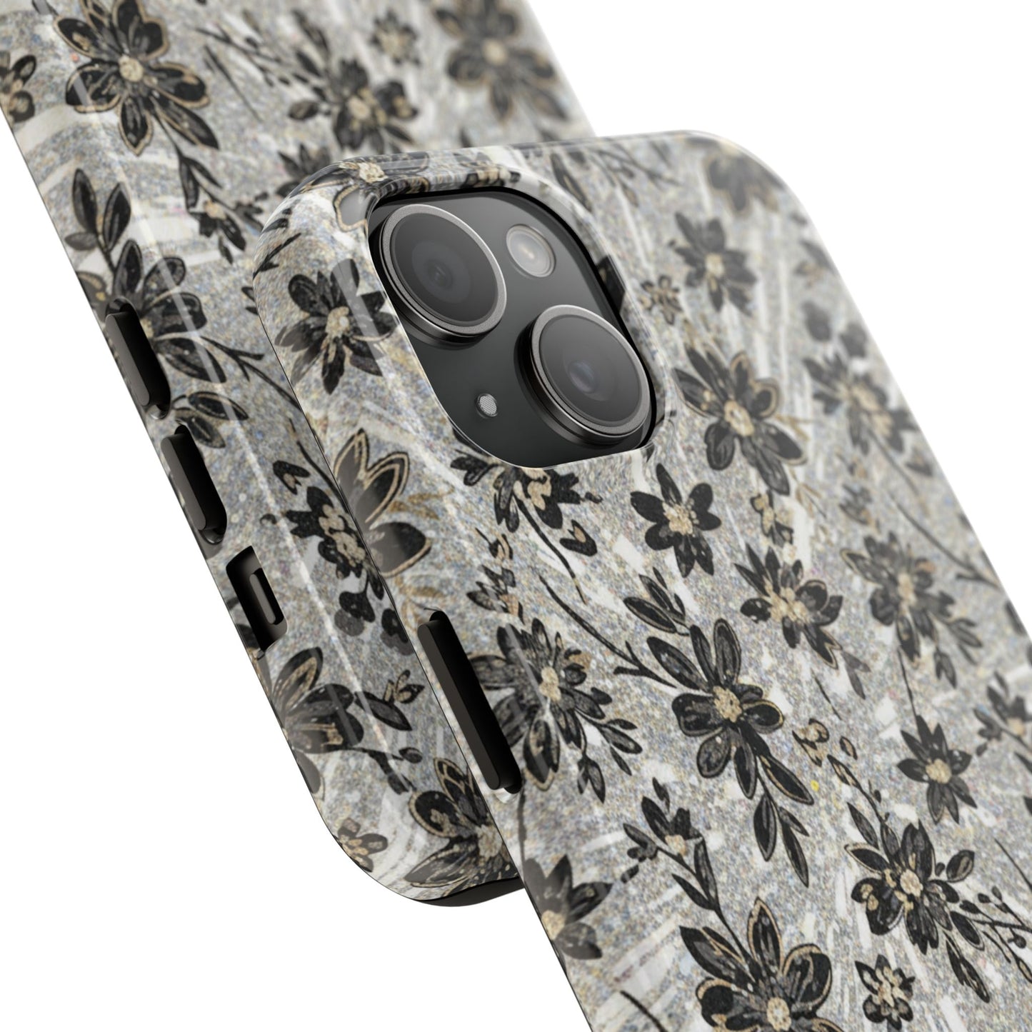 Floral Vintage Tough Phone Case — Black & Gray Rustic Flower Protective Case