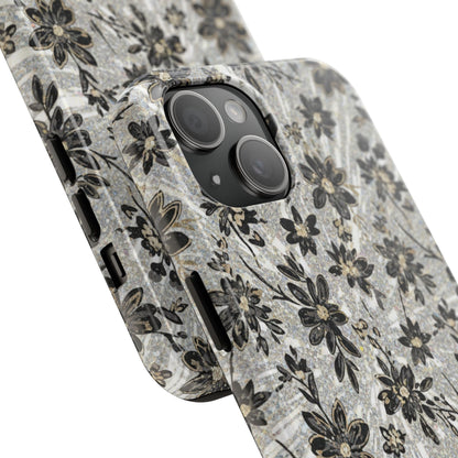 Floral Vintage Tough Phone Case — Black & Gray Rustic Flower Protective Case