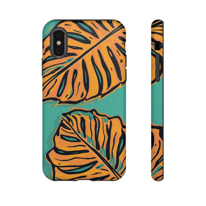 Tropical Leaf Tough Phone Case — Orange Monstera Design on Teal
