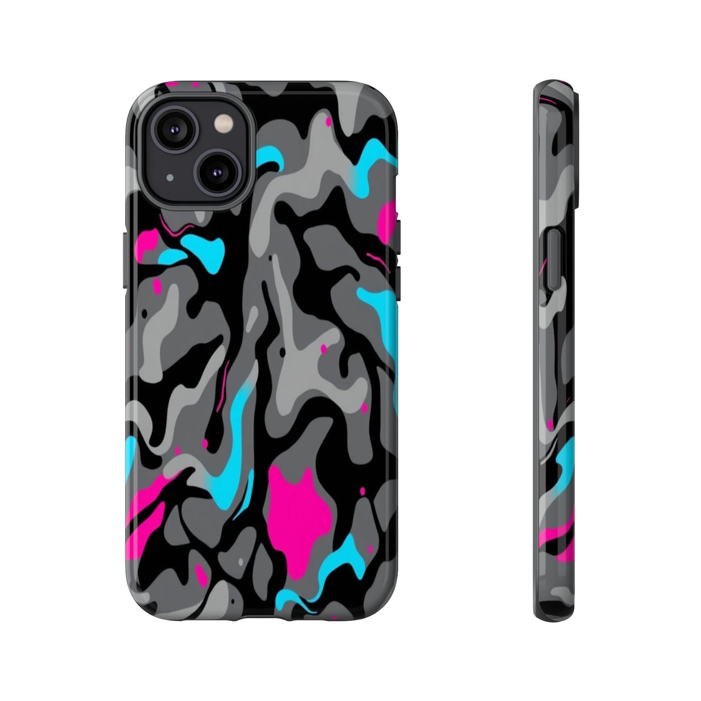 Camouflage Phone Case — Gray Camo with Neon Pink & Cyan Accent Tough Protective Cover