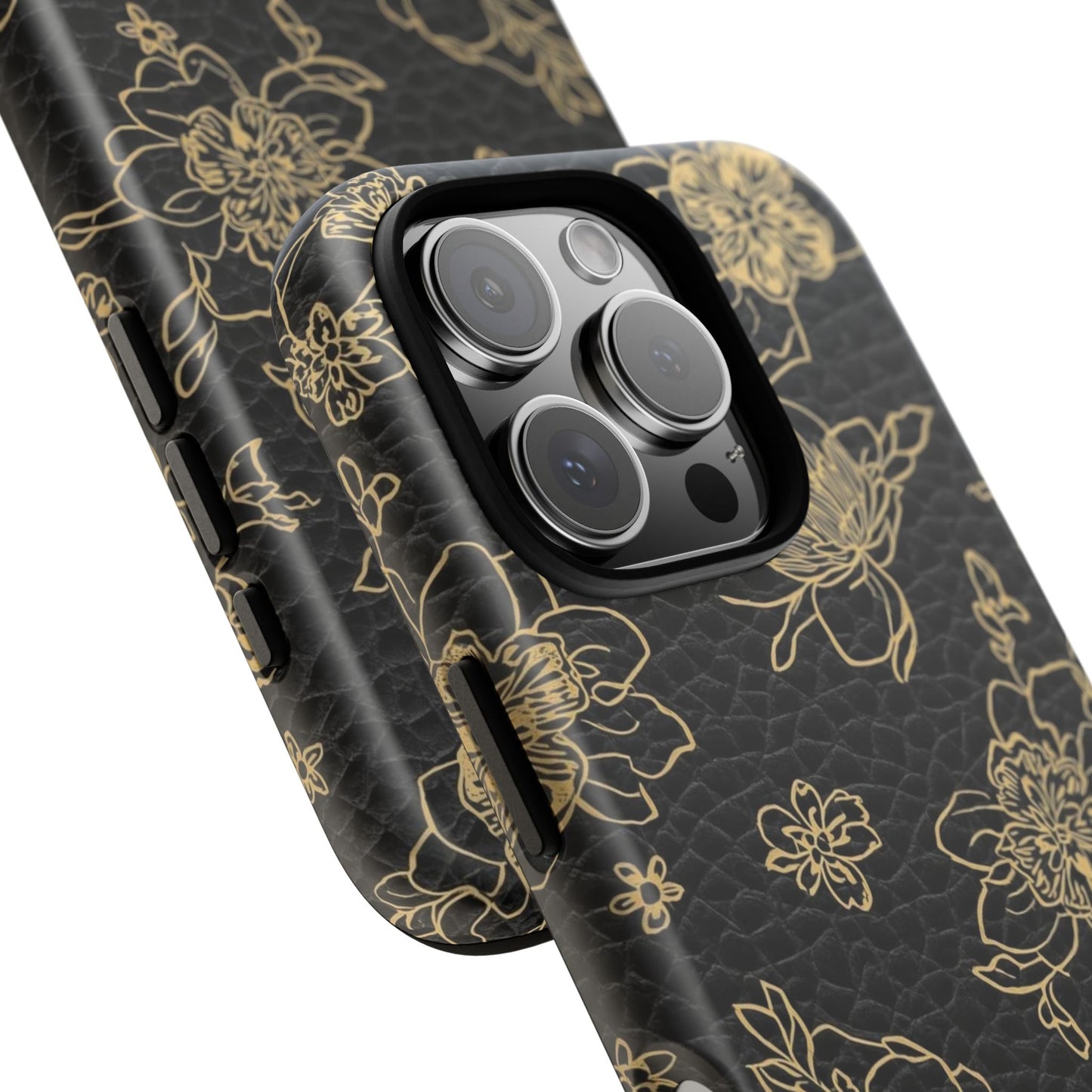 Floral Leather Phone Case — Gold Outline Flowers on Black Tough Case