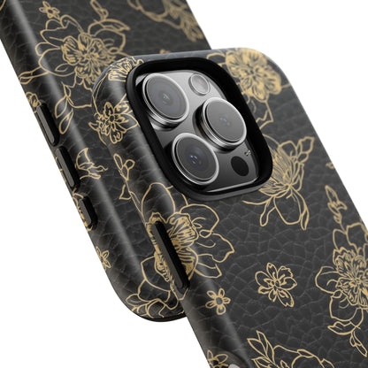 Floral Leather Phone Case — Gold Outline Flowers on Black Tough Case