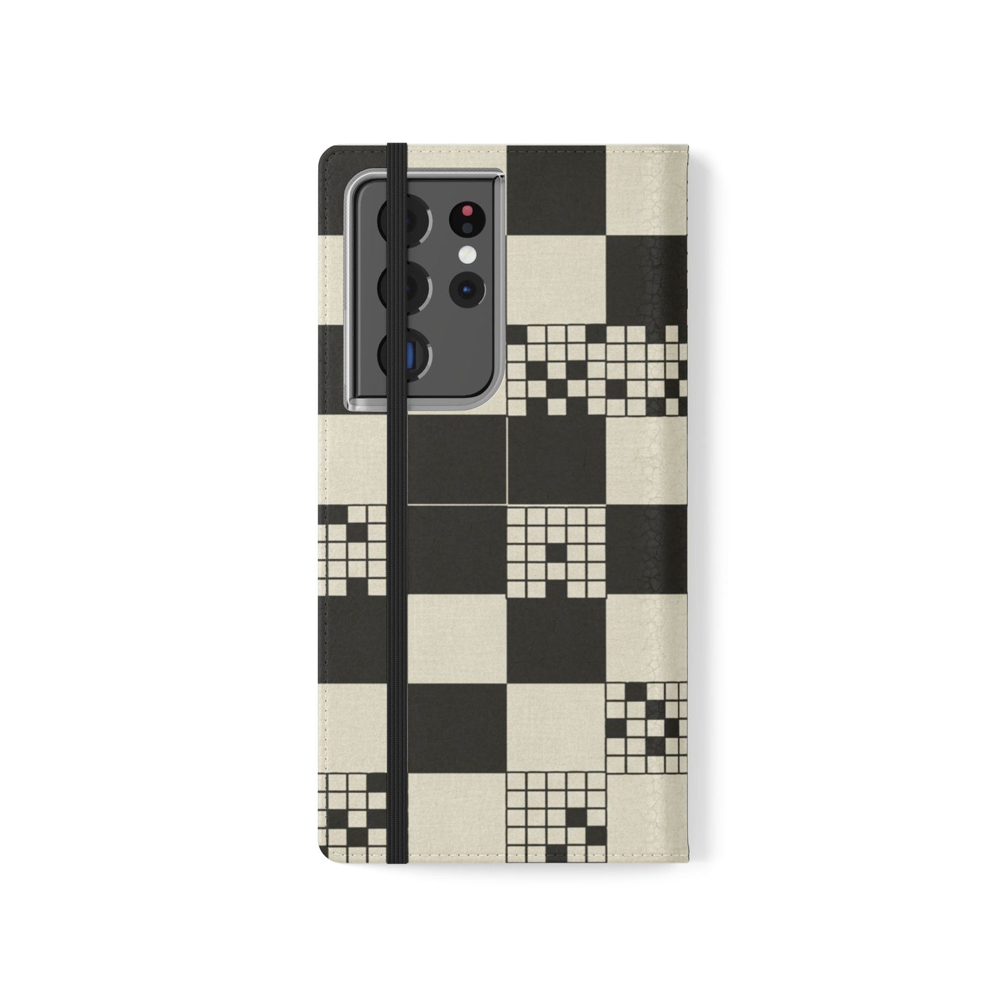 Checkerboard Flip Phone Case – Retro Black & Cream Geometric Wallet Case