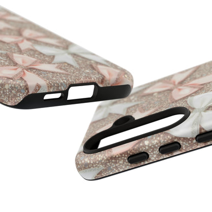 Glitter Bow Tough Phone Case — Pink & White Ribbon Protective Cover